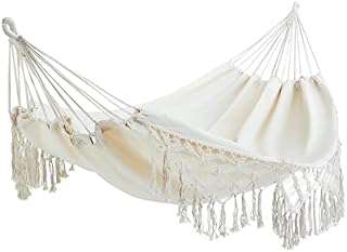 Outdoor Garden Hammock Double Hammock 2 Person Large Brazilian Hammocks Cotton Indoor Hammock for Bedroom Patio Porch Backyard w/Handwoven Macramé Fringe Tassels(Beige, 240x150cm,450lbs)