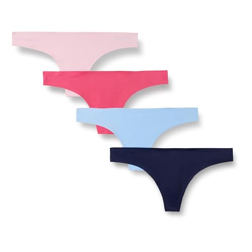 Amazon Essentials Women's Seamless Breathable Underwear for Women Thong, Bonded Stretch, Pack of 4, Blue/Pink, Medium