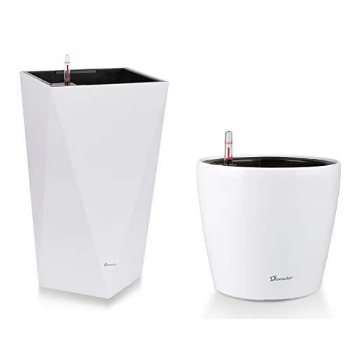 Dexceder 9X8 Dumpy Round & 24 Inches Tall Self Watering Planter Diamond High Gloss Indoor Outdoor, Thickened Table & Floor Standing Flower Plant Pot With Water Level Indicator (White) #TOP10