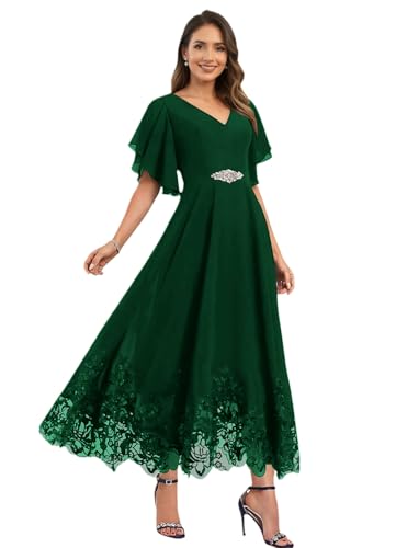Tea Length Mother of Bride Dresses with Sleeves Chiffon V-Neck Lace Beaded Formal Evening Dresses for Women UU205