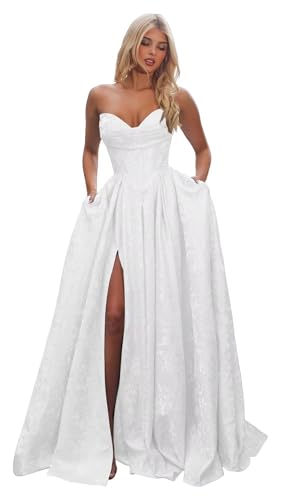 AKMESXAY Women's Strapless Sequin Satin Prom Dresses for Teens with Slit 2026 A Line Corset Sequin...