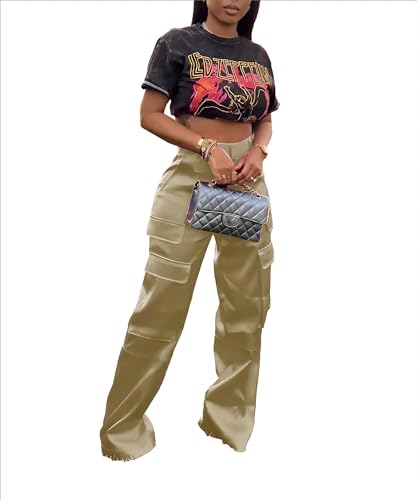 Satin Cargo Pants for Women High Waisted Wide Leg Trouser Multiple Pockets2