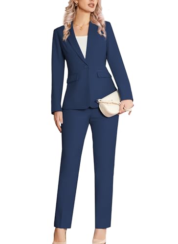 Kelyaa Women's 2 Piece Suit Notched Lapel One Button Slim Fit Business Office Work Tuxedo Blazer Pants Set Navy Blue