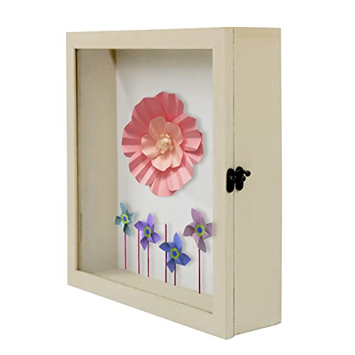 Muzilife Cadre photo 3D en bois - 20 x 20 cm - Beige - Avec verre carré - À remplir avec paroi arrière - Boîte de souvenirs pour fleurs, bouquet de mariage ou souvenirs Cover