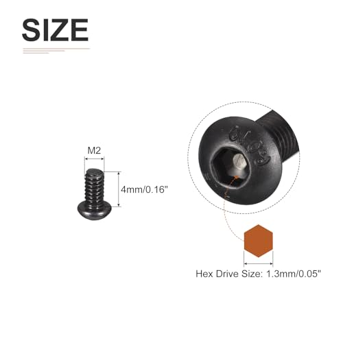 DTGN M2-0.4x4mm Button Head Socket Cap Screws - 100Pack - Good for Machine - Carbon Steel Black Oxide - Hex Drive Full Thread Fasteners - Image 2
