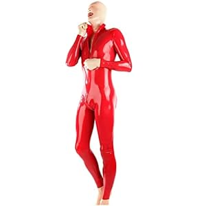 Sexy rode latex fetish catsuit met rits aan de voorkant en kruis rits rubber jumpsuit handgemaakte mannen clubkleding bodysuit + capuchon