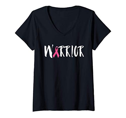 Femme Warrior Pink Ribbon Beat Breast Cancer Fighter Strong Family T-Shirt avec Col en V