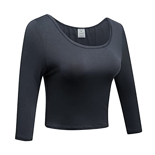 OThread & Co. Women's Crop Tops Basic Stretchy Scoop Neck 3/4 Sleeve T-Shirt (Large, Dark Grey) by OThread & Co. - Used condition - Image 3