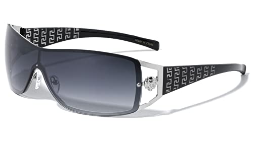 Kleo Lion Head Medallion Greek Key Wrap Around One Piece Sunglasses (Black & Silver, Black Smoke)