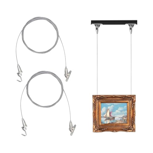 Chris.W 2Pack Art Gallery Ceiling Wall Mount Picture Hanging System Kit with Adjustable Hooks and 2M Stainless Steel Wire for Heavy Duty Frame Picture Photo Mirror Hanging(180° Rotary)
