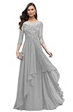 Loyeloy Silver Long Lace Applique Mother of The Bride Dresses with Sleeves Petite Jewel Jewel Chiffon Aline Formal Evening Gowns Plus Size 16