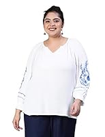 oxolloxo Women Plus Size Embroidered V-Neck Long Sleeve White Top