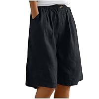 Short en Lin Et Coton Femme Été Chic Shorts Bermuda pour Femmes Bouton,Short Décontracté Femme pour Vacances Plage avec Poches,Jogging Pantalon Court Longueur Genou De Sport en Lin