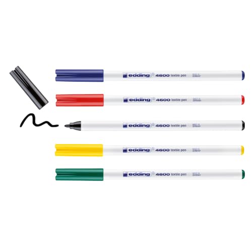 edding 4600 Textilstift - schwarz, rot, blau, grün, gelb - 5 Stück - Rundspitze 1 mm - Textilstifte waschmaschinenfest (60 °C) zum Stoff bemalen - Stoffmalstift
