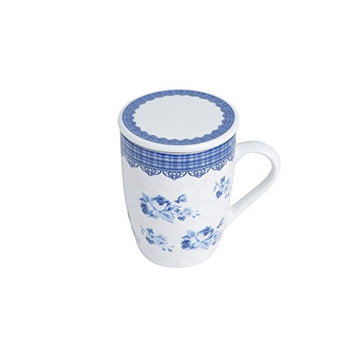 Conjunto Caneca com Tampa e Filtro de Porcelana Grécia 310Ml com Caixa de Presente Lyor Azul/ Branco