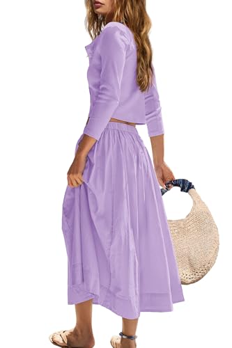 Image of Panadila Womens 2 Piece Lounge Sets Matching Vacation Outfits Ribbed Button Down Cardigan and Elastic Waist Skirt Sets (Lavender Purple,M)