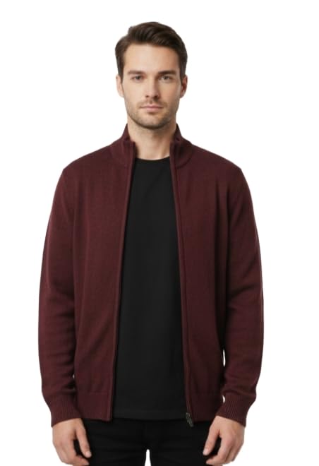 Men's Zip-Up Cardigan Sweater, Burgundy, Stand Collar, Long Sleeve-picture-25