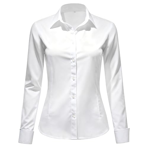 Okdance Womens Long Sleeve Blouse Stretch Fitted Formal Button Down Shirt Wrinkle Business Casual Work Office Ladies Blouses (UK Alpha M Regular Regular White)