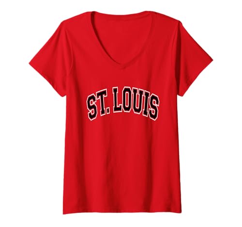 Womens St. Louis Text Red with Black Text V-Neck T-Shirt