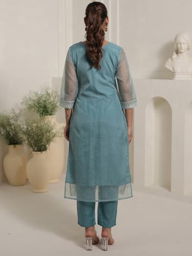 Image of INDO ERA Women's Organza Floral Embroidered Straight Kurta & Pant with Dupatta Set (IESTR10756)