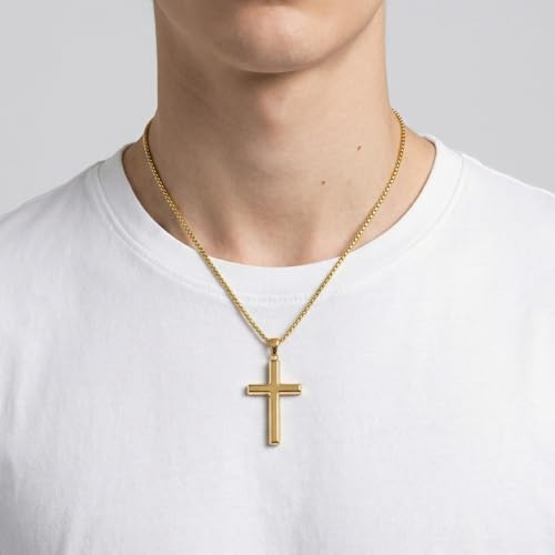 Image of 14K Gold Cross Necklaces for Men,Crosses Pendant Necklace for Mens Minimalist Religion Jewelry Chunky Box Chain 24in