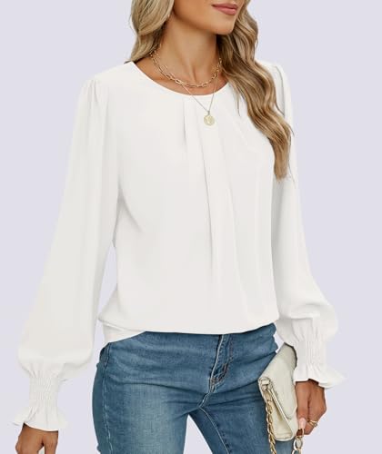 Funlingo Womens Tops Dressy Casual Smocked Long Sleeve Shirts Pleated Crew Neck Loose Chiffon Blouses Fall 20254