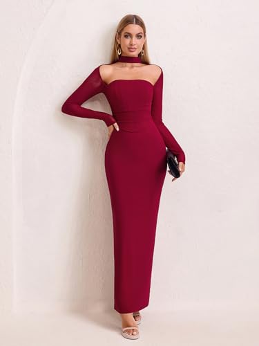 HTZMO Women Fall Long Sleeve Bodycon Corset Dress Halter Neck Ruched Elegant Wedding Guest Formal Long Dresses4