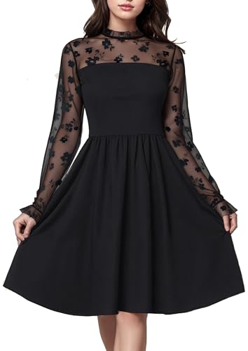 HOMEYEE Damen Elegant Langarm Stehkragen Retro Abendkleid Floral Mesh Knielang Cocktailkleid A498 (S, Schwarz)