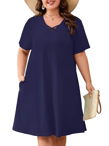 Image of AusLook Plus Size Midi Dress for Women Short Sleeve V Neck Criss Cross A Line Summer Casual Vacation Sundresses with Pockets