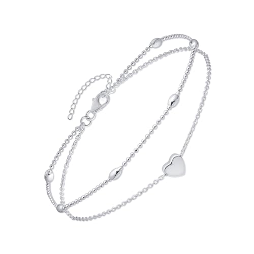 Image of Amberta Italian Sterling Silver Anklet for Women 925 | Adjustable Ankle Bracelets for Women Beaded Heart Summer Jewellery