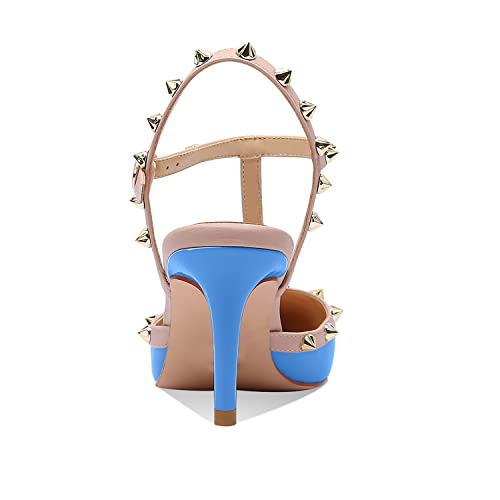 Image of XINIUNIU Studded Heels for Women Kitten Heels with Studs Stiletto Sandals with Rivet Ankle Strap Patent Leather Pointy Toe 2.5 Inch Party Daily Wear Evening Sandals