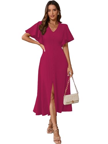 Image of Shasmi Girl's & Women's Pleated Midi Dress with Flutter Sleeves | V-Neck Western Dress for Women | Elegant A-Line Summer Outfit | Office & Casual Wear (Dress 244)