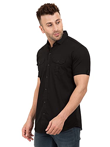 Image of Men's Half Sleeve Double Pocket,Spread Collar Casual Solid Cargo Shirt Beige