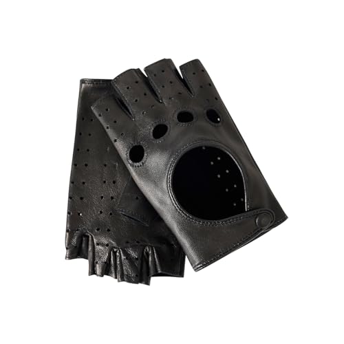 Hanotolo Womens Leather Fingerless Gloves -Lambskin Driving Gloves Unlined Black XL