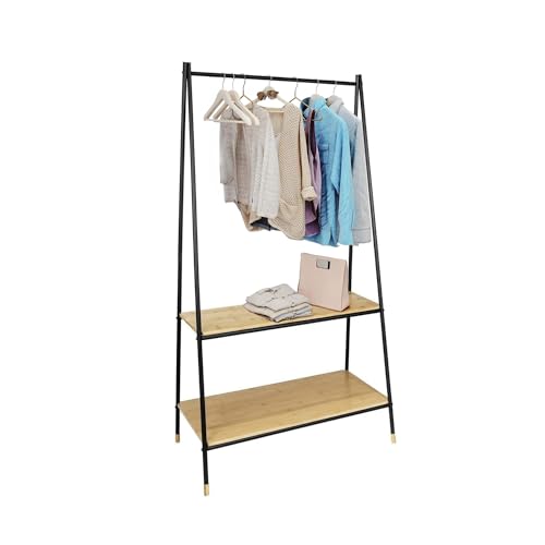 Avilia Perchero independiente con 2 estantes para zapatos y sombreros – Perchero de pie con 2 estantes para entrada, de bambú, 90 x 167 x 42 cm, marrón y negro
