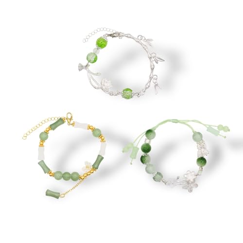 Nyx&lvy Jade Green Crystal Beaded Bracelet Set with Charm, 3 Piece Collection, Gold Chain
