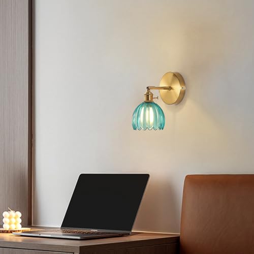 Image of Vintage Wall Sconces with Gold Finish, Adjustable Arm, Ribbed Glass Shadewall Light fixtures Wall Lights for Bedroom, Living Room, Hallway, or Bathroom (Blue)
