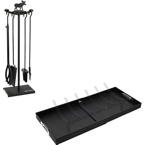 MYFIREPLACEDIRECT 5 Pieces Fireplace Tools Set Strength Wrought Iron Indoor Outdoor Fire Place Toolset with 2 Piece Adjustable Fireplace Ash Tray Pan Cover