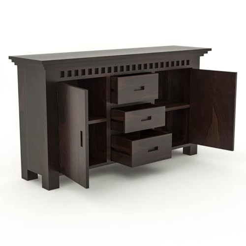Image of Solid Sheesham Wood Sideboard and Cabinets | Wooden Side Board Media Console Tv Cabinet for Living Room | Free Standing Cabinet with 3 Drawers & 2 Door Cabinet Storage | Walnut Finish