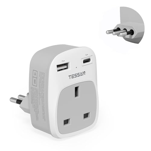 UK to Italy Plug Adapter TESSAN Grounded Italy Plug Adapter with 2 USB Ports (1 USB C) Italian Travel Adaptor for Chile Ethiopia Libya Syria Tunisia Uruguay (Type L)