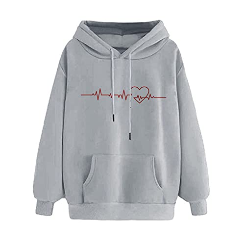 riou Mujer Sudaderas con Capucha Moda Tops Corazón Lindo Impreso Suelta Camiseta Manga Larga Suéter Jersey Casuales Ropa Otoño Invierno