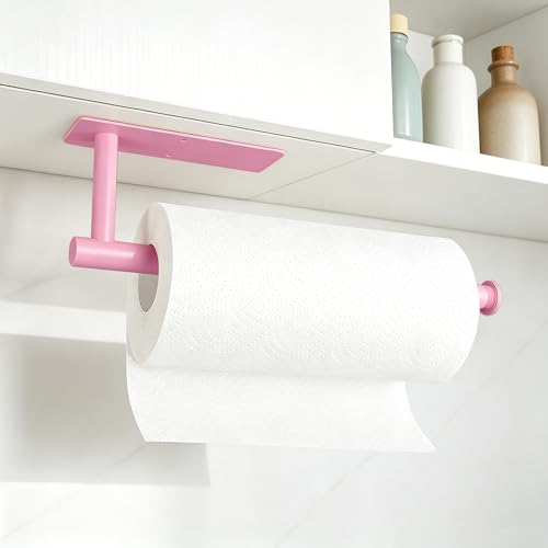 Image of Pink Paper Towel Holder, Self Adhesive Paper Towels Roll Holders Under Cabinet, Stainless Steel Wall Mount Towel Paper Holder for Kitchen, Bathroom