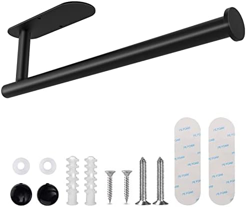 Paper Towel Holder Black, Paper Towel Holder Under Cabinet, Stainless Steel Wall-Mounted Paper Towel Holder - Self-Adhesive or Drilled for Kitchen, Pantry