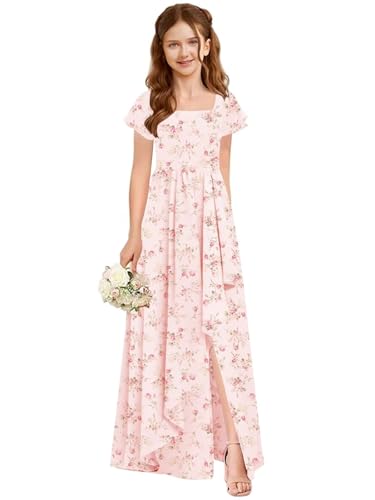 Flutter Sleeve Junior Bridesmaid Dresses for Wedding A Line Summer Chiffon Flower Girl Dress Long with Pockets