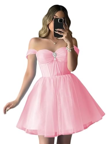 Off Shoulder Homecoming Dress for Women Tulle Short Cocktail Dress A Line Sparkly Formal Party Gown with Diamond