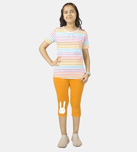 Image of KYDA KIDS Girls Cotton Printed Stretchable Capri Leggings (3 /4 th Pant) for Dance, Yoga, Running, Exercise, Pack of 2