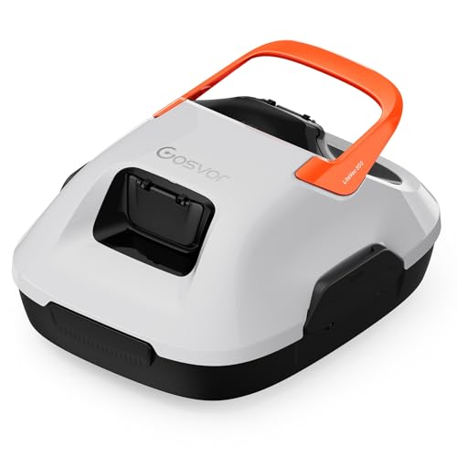 Gosvor Poolroboter Akku, Automatischer Poolreiniger mit Doppelmotor, bis zu 90 Min. Betriebszeit, Benutzerfreundlich, 3,4kg Leicht, Kabelloser Poolsauger Ideal für Flache Pools bis zu 80㎡, Weiß-Orange