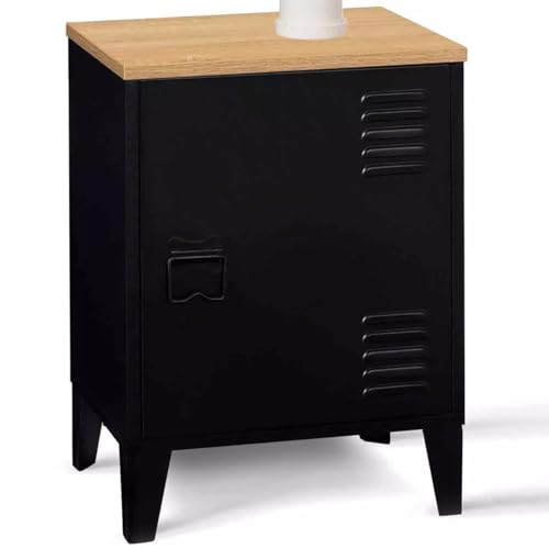 IDMarket - Table de Chevet Ester 1 Porte métal Noir Plateau façon hêtre Design Industriel