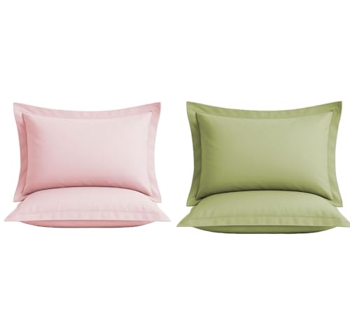 Image of VAS COLLECTIONS Premium Pillow Cover Set of 4 Piece | 210 TC 100% Pure Cotton | Solid Color Hotel Quality Pillow Covers, Hotel & Hospital Use | 18 x 28 Inches (1, Solid Light Pink & Olive Green)