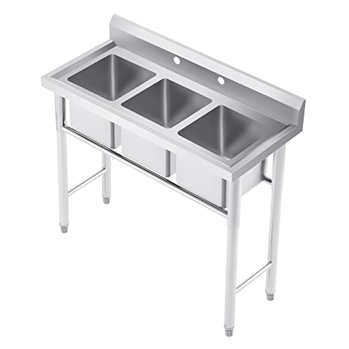 WILPREP Stainless Steel Commercial Sink with 3 Compartments & Easy to Clean Surface, Kitchen Sink Station with 11x10 Inch Basins, Utility Sink for Restaurant Bar Home Laundry Room Garage and More
